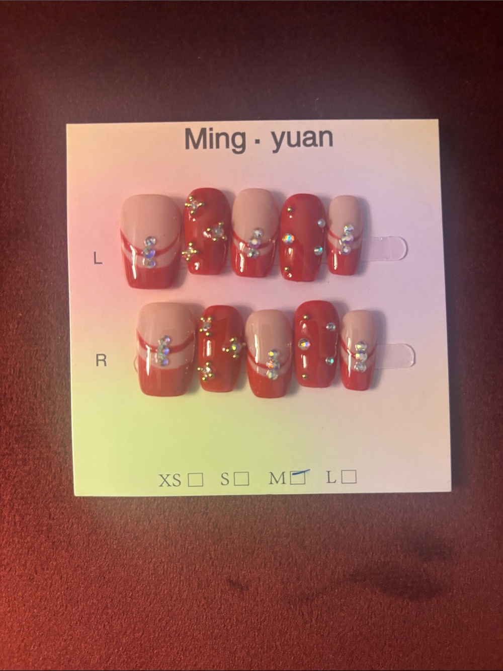 Red and Nude Rhinestone Press-On Nail Set